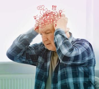 Older man suffering from dementia at home. Illustration of messy thoughts during cognitive impairment.