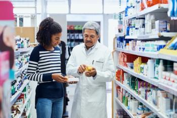 Pharmacist, customer or support in shop with medicine, shopping with professional help. Pharmacy, people or together for healthcare service with advice for dosage, pill information for woman with flu