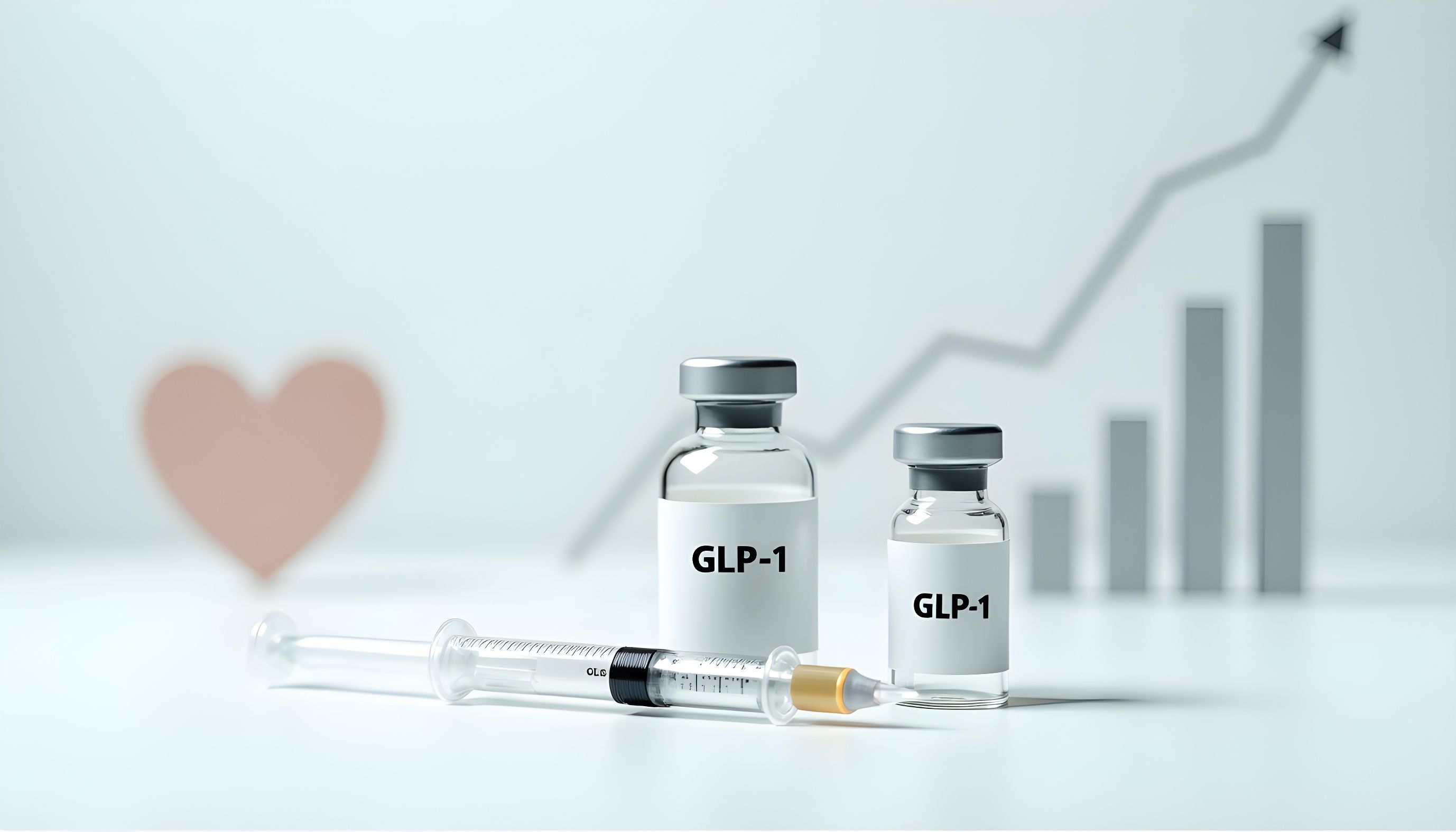 Vials labeled GLP-1 with syringes, heart icon, and growth chart symbolize hormone therapy benefits. - Image credit: TensorSpark | stock.adobe.com