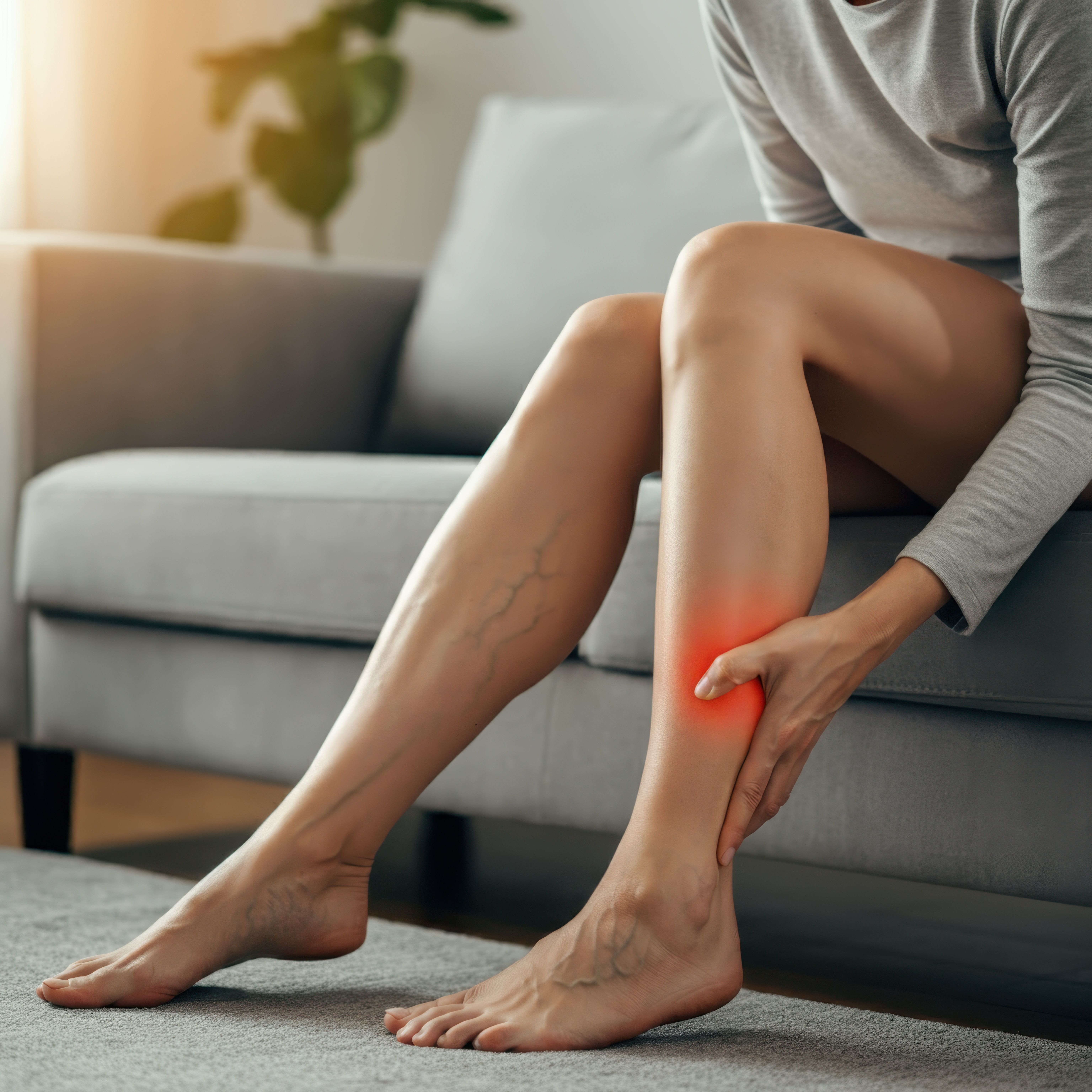 Woman get cramp on the leg sitting on sofa - Image credit: DreamART | stock.adobe.com