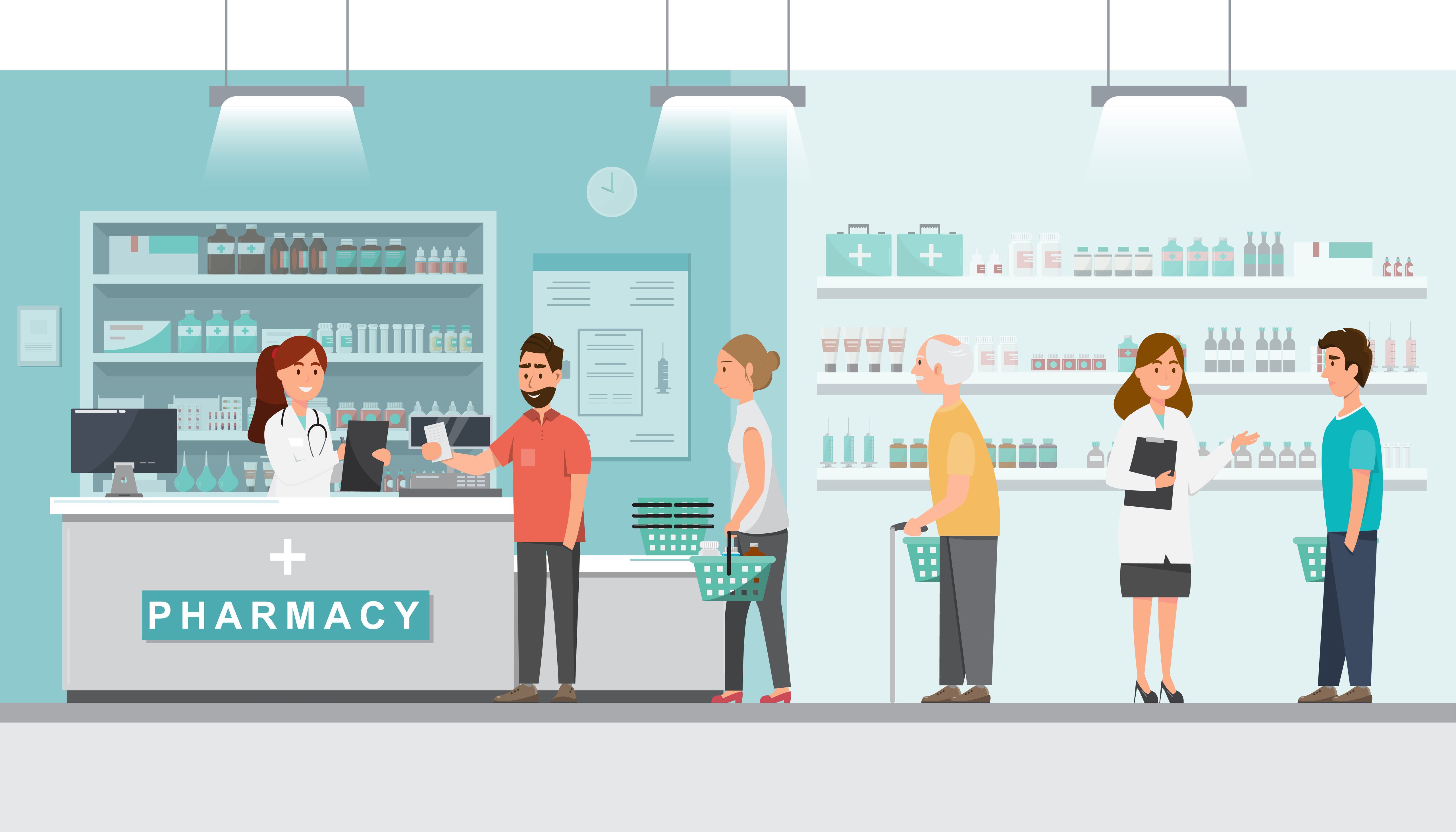 pharmacy with pharmacist and client in counter