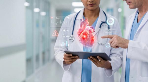 Doctors reviewing critical cardiac vitals on digital holographic interface with 3D heart model | Image Credit: Eduardo Accorinti | stock.adobe.com