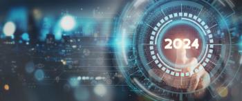 2024 annual business plan and digital business concept. Technology and innovation for business transformation. Goal achievement and success in 2024. Businessman pressing button on smart