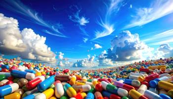 Overwhelming mass of colorful pills spread across a landscape under a blue sky | Image Credit: fatih | stock.adobe.com