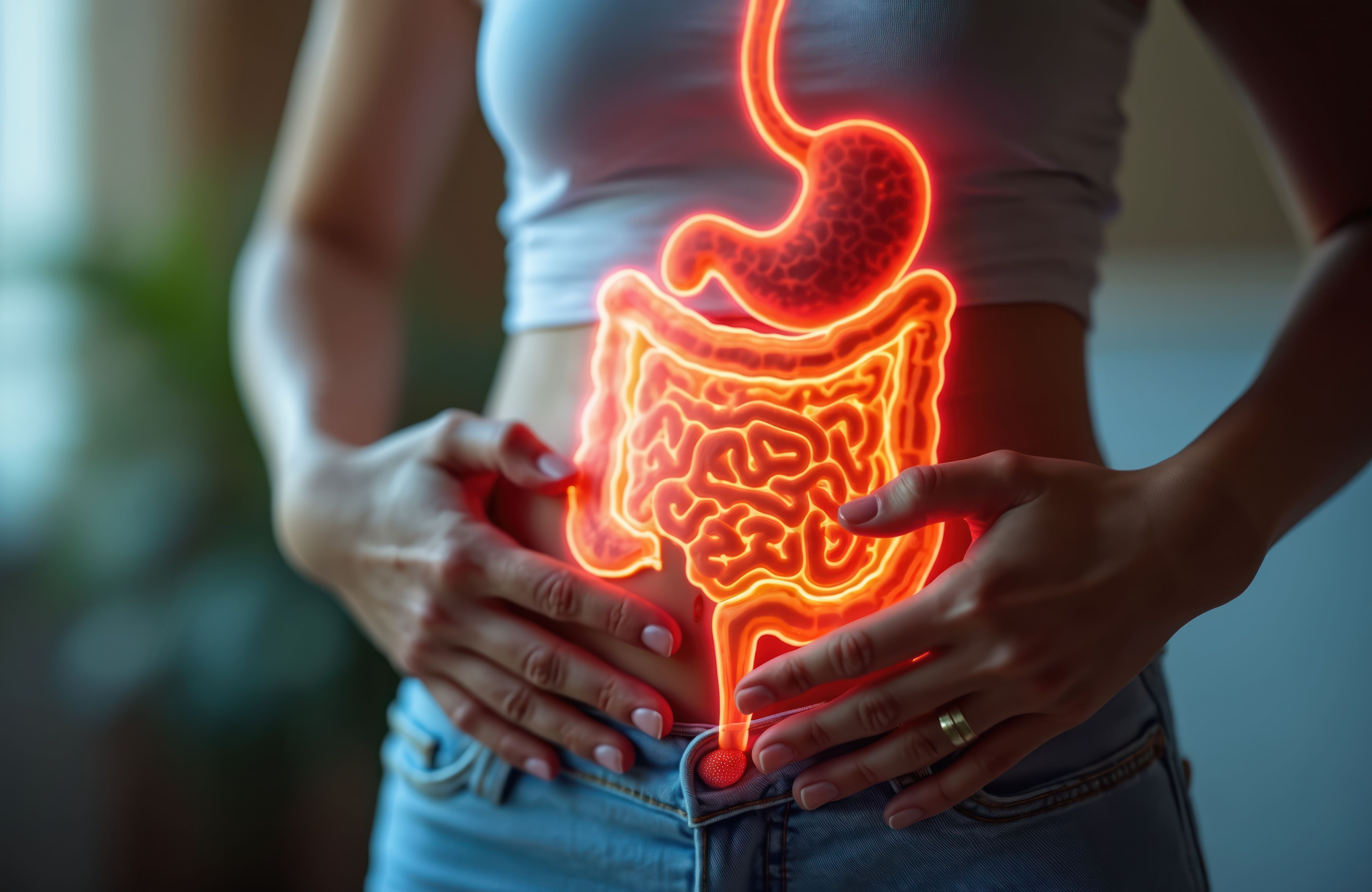 Woman holds bright glowing model of digestive system. Probiotic supplements maintain digestive health, nutrient absorption, overall digestive well-being, immune support. Gastrointestinal tract - Image credit: Maryna | stock.adobe.com 