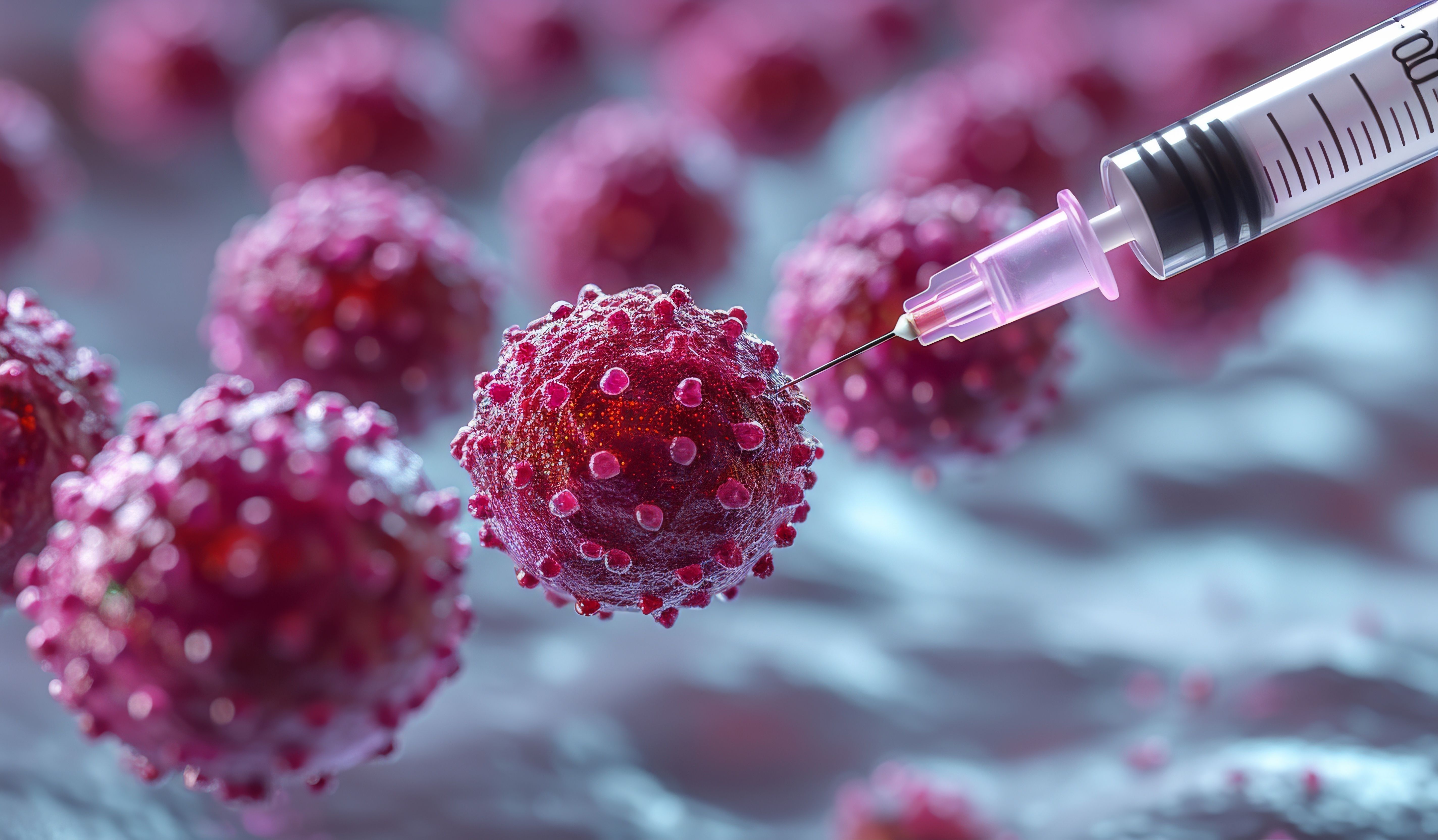 Macro image of a needle being pricked at a cancer cell. Research of cancer diseases, viruses in infected organism , viral disease epidemic, vaccine background. | Image Credit: radekcho | stock.adobe.com