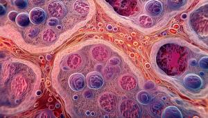 Magnified bone marrow biopsy showing plasma cells with irregular nuclei and multiple myeloma tumor cells infiltrating normal hematopoietic tissues | Image Credit: © Erin - stock.adobe.com