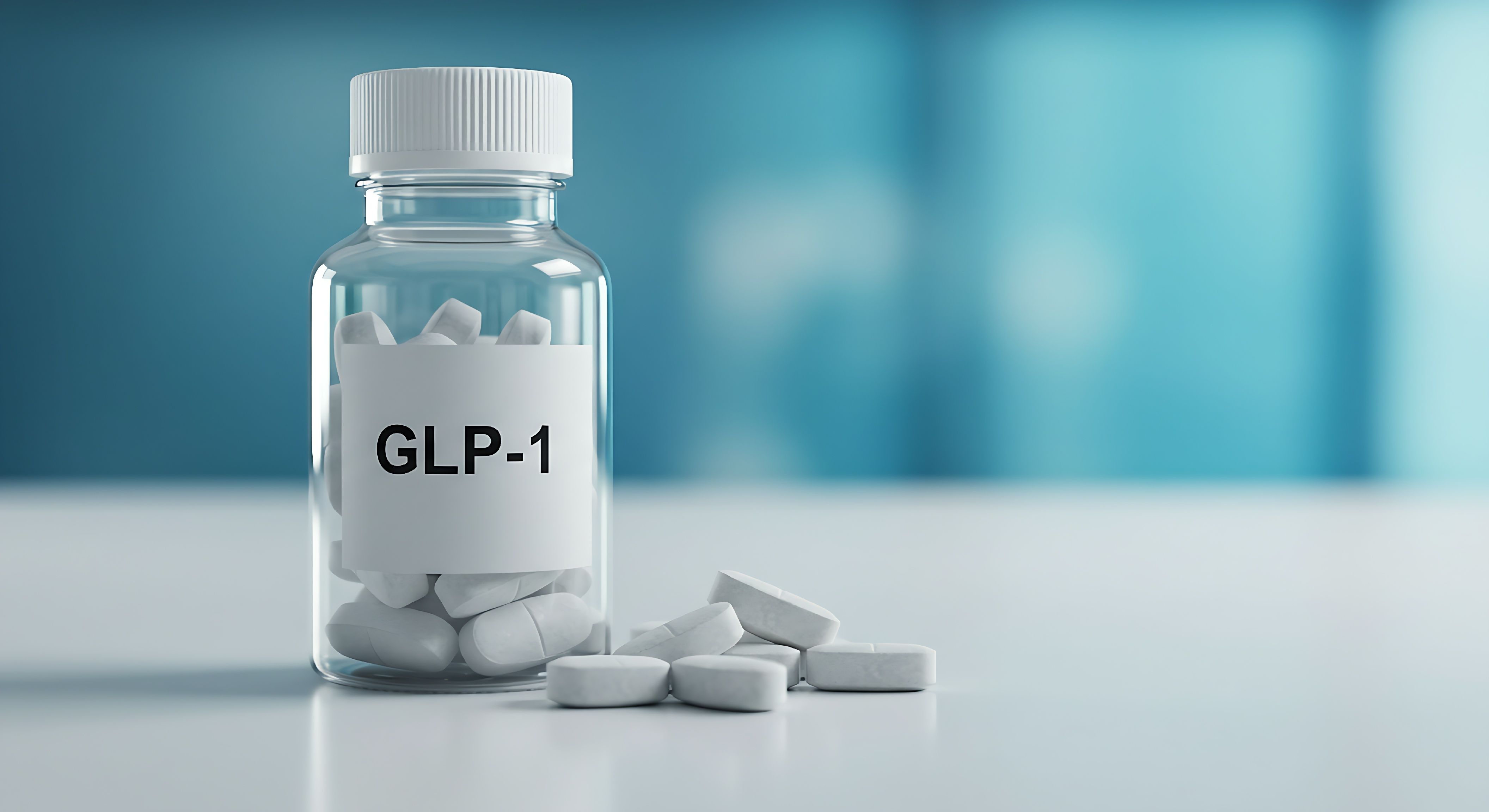 A medicine bottle labeled glp-1 placed against a pharmaceutical development, healthcare concept,blue laboratory background, medical research, | Image Credit: Albaloshi | stock.adobe.com