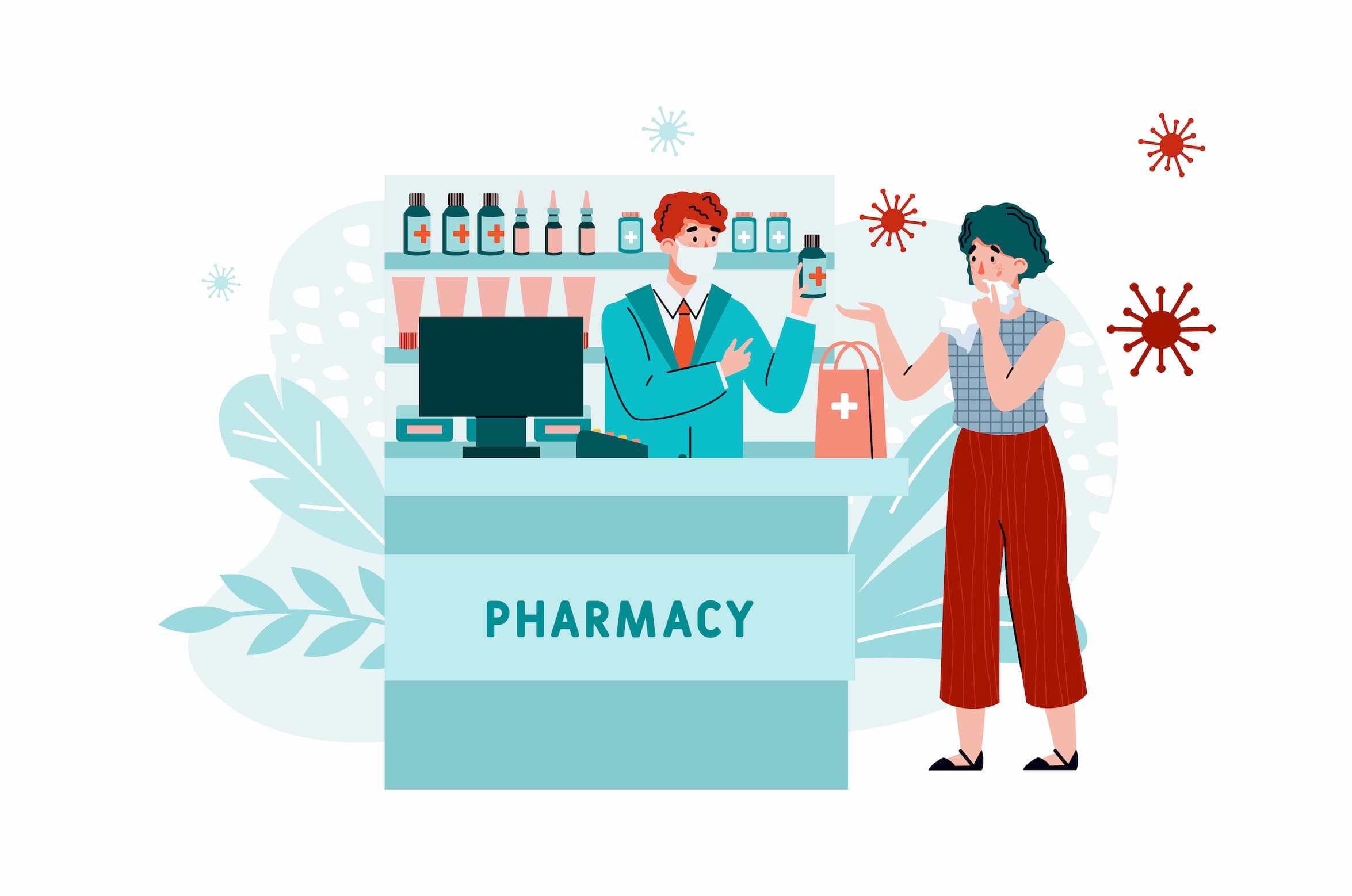 Downloaded Save to Library Preview Crop Find Similar File #: 373469470 An outbreak of the coronavirus infection epidemic. A masked pharmacist sells flu medicine to a sick girl. Flat vector illustration isolated on a white background