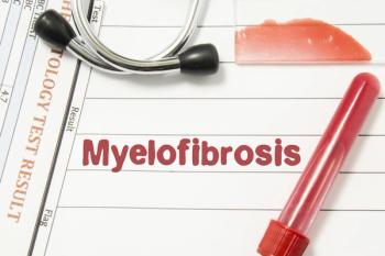 Diagnosis of Myelofibrosis. Laboratory blood bottle (tube), glass slide with blood smear, hematology test, stethoscope lying on notebook with printed text hematological diagnosis 