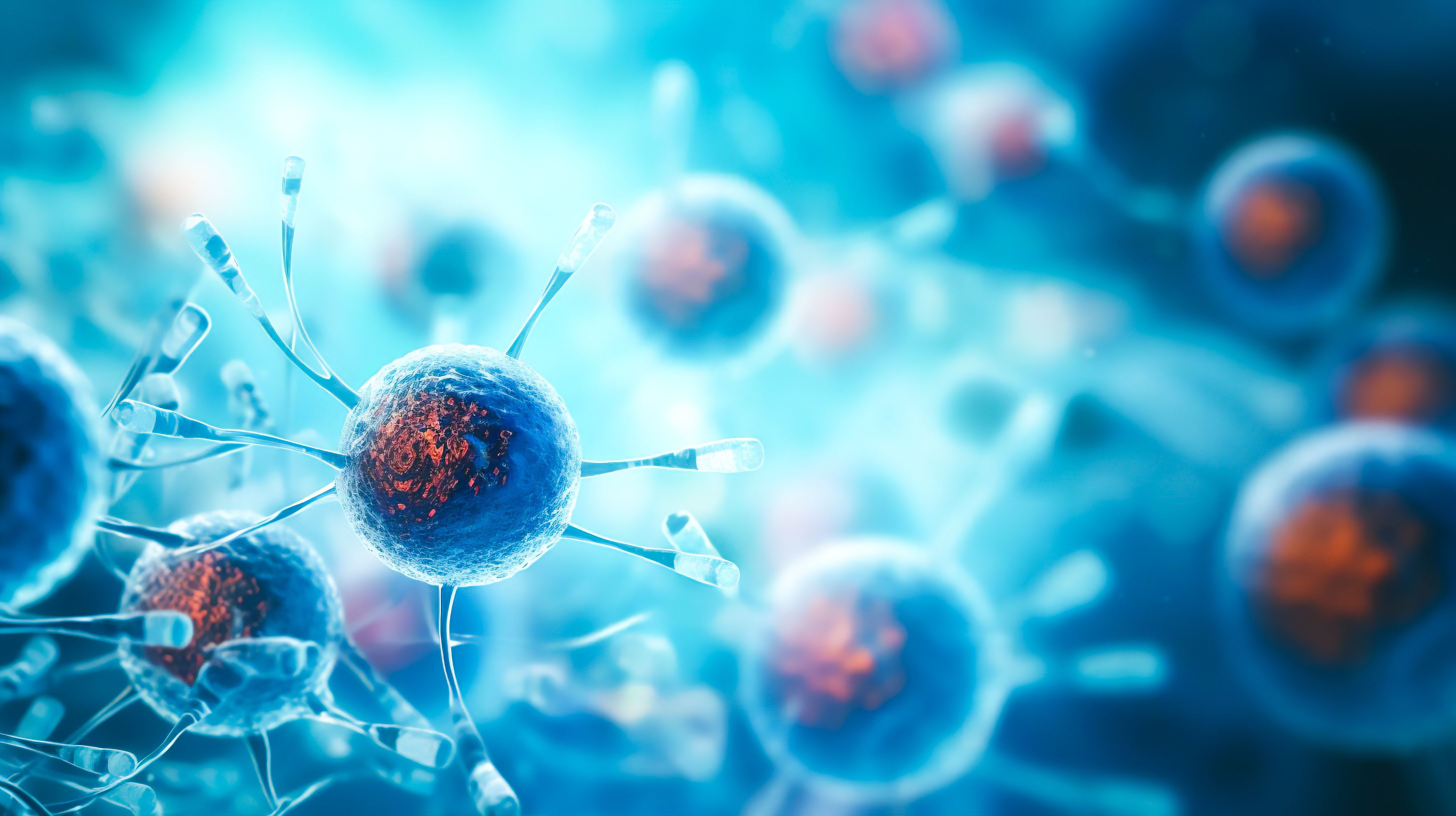 a close-up of a microscope lens capturing a vibrant blue cancer cell | Image Credit: catalin - stock.adobe.com