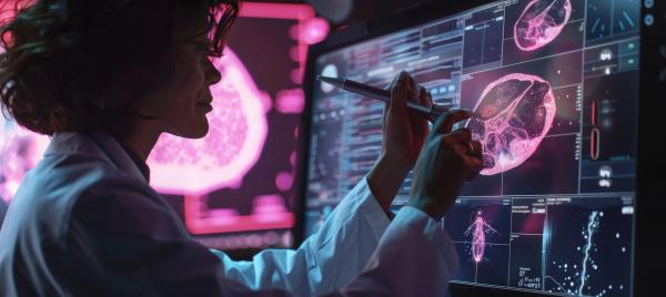 Close-Up of Female Doctor Analyzing Digital Mammogram on Touchscreen with Stylus | Image Credit: spyrakot | stock.adobe.com