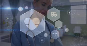 Standing nurse wearing scrubs and stethoscope in clinic room showing hexagonal medical icons | Image Credit: vectorfusionart | stock.adobe.com
