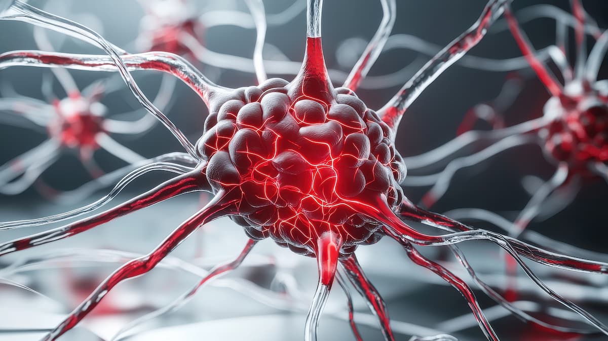Bleeding stroke brain artery, Cellular structure with intricate connections and a vibrant red nucleus, representing biological elements.