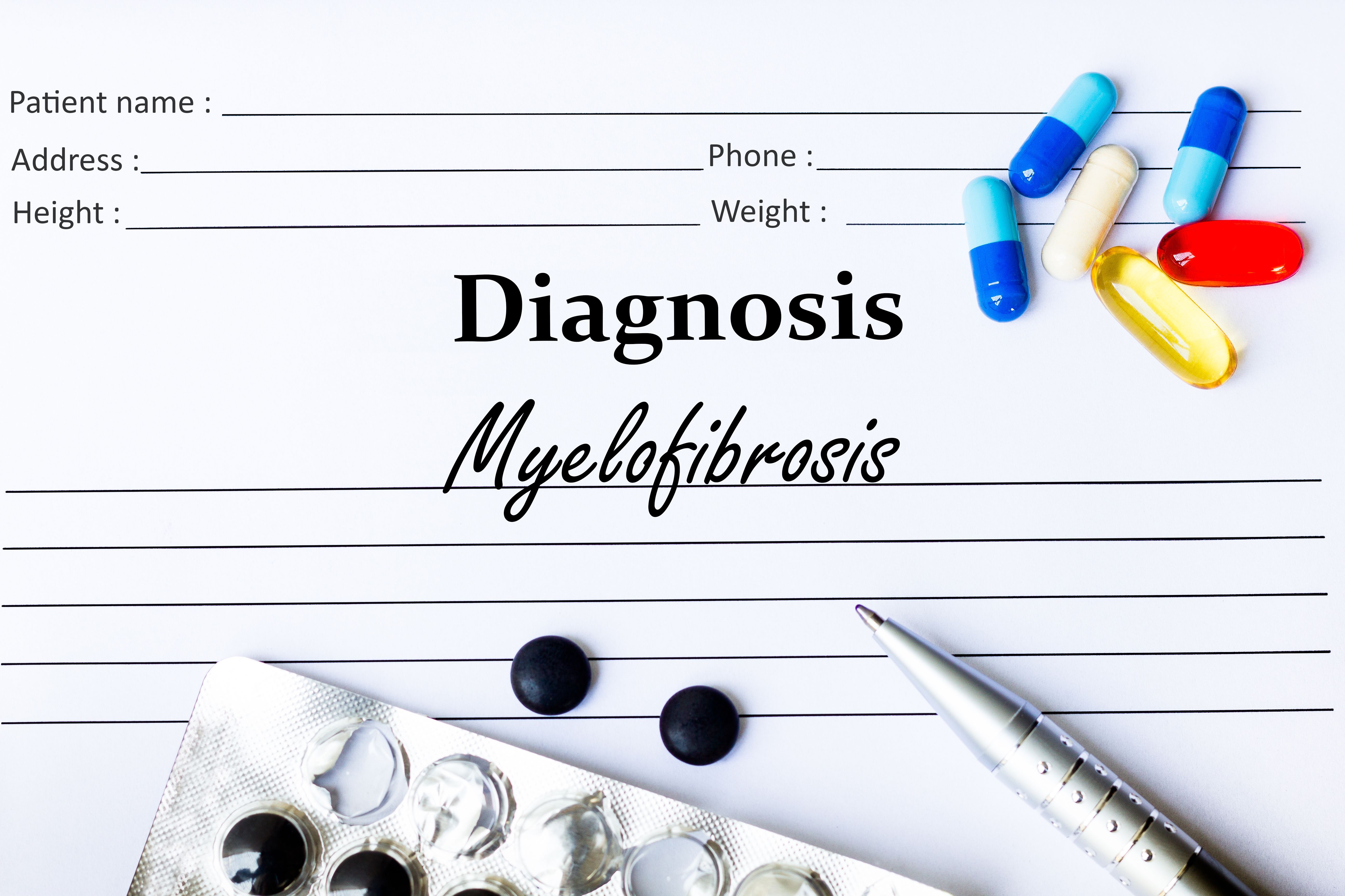 Myelofibrosis - Diagnosis written on a piece of white paper with medication and Pills | Image Credit: mdaros | stock.adobe.com