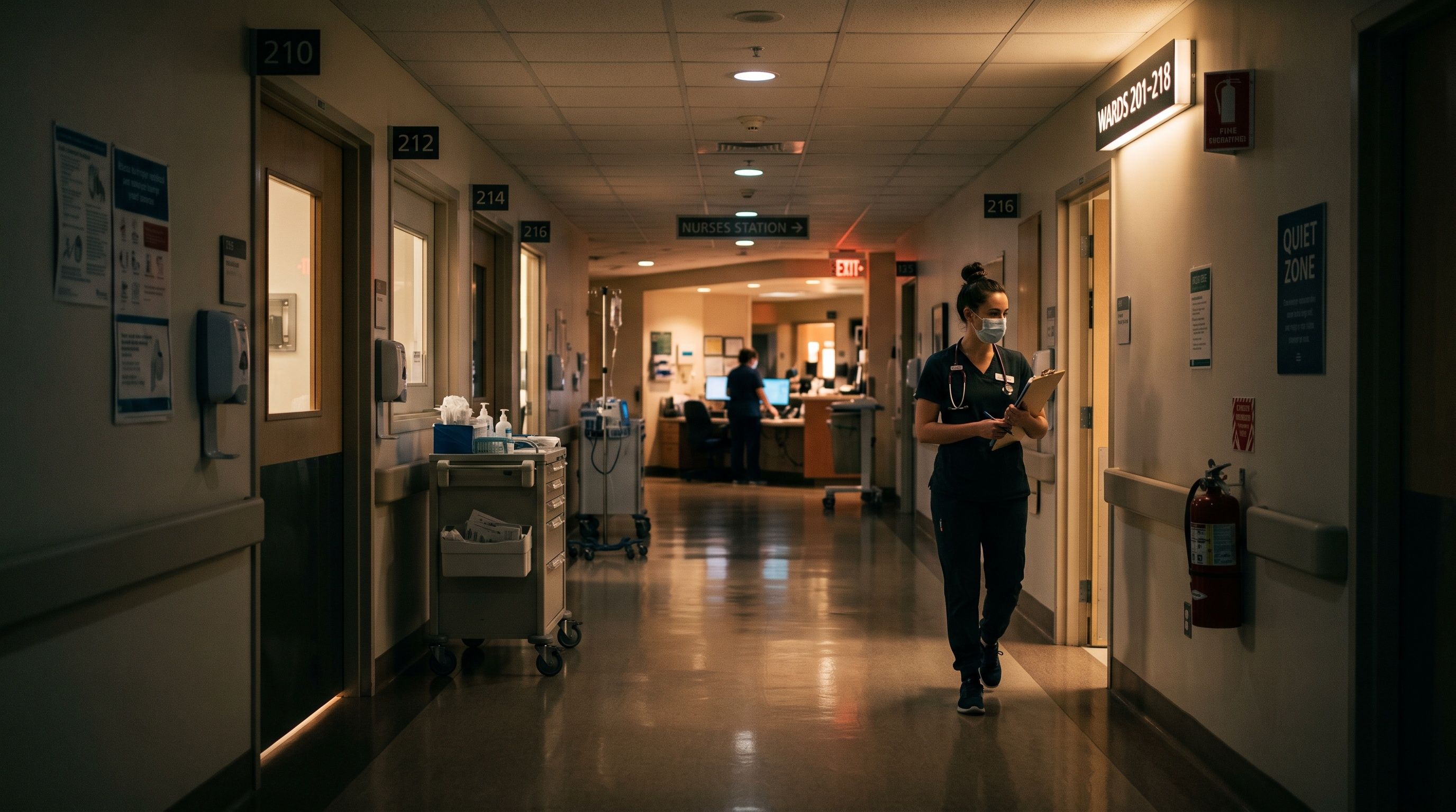 Nurse walking down a dimly lit hospital corridor at night - Image credit: Flower | stock.adobe.com