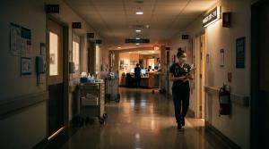 Nurse walking down a dimly lit hospital corridor at night - Image credit: Flower | stock.adobe.com