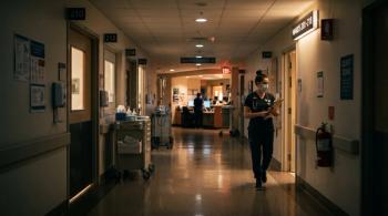 Nurse walking down a dimly lit hospital corridor at night - Image credit: Flower | stock.adobe.com