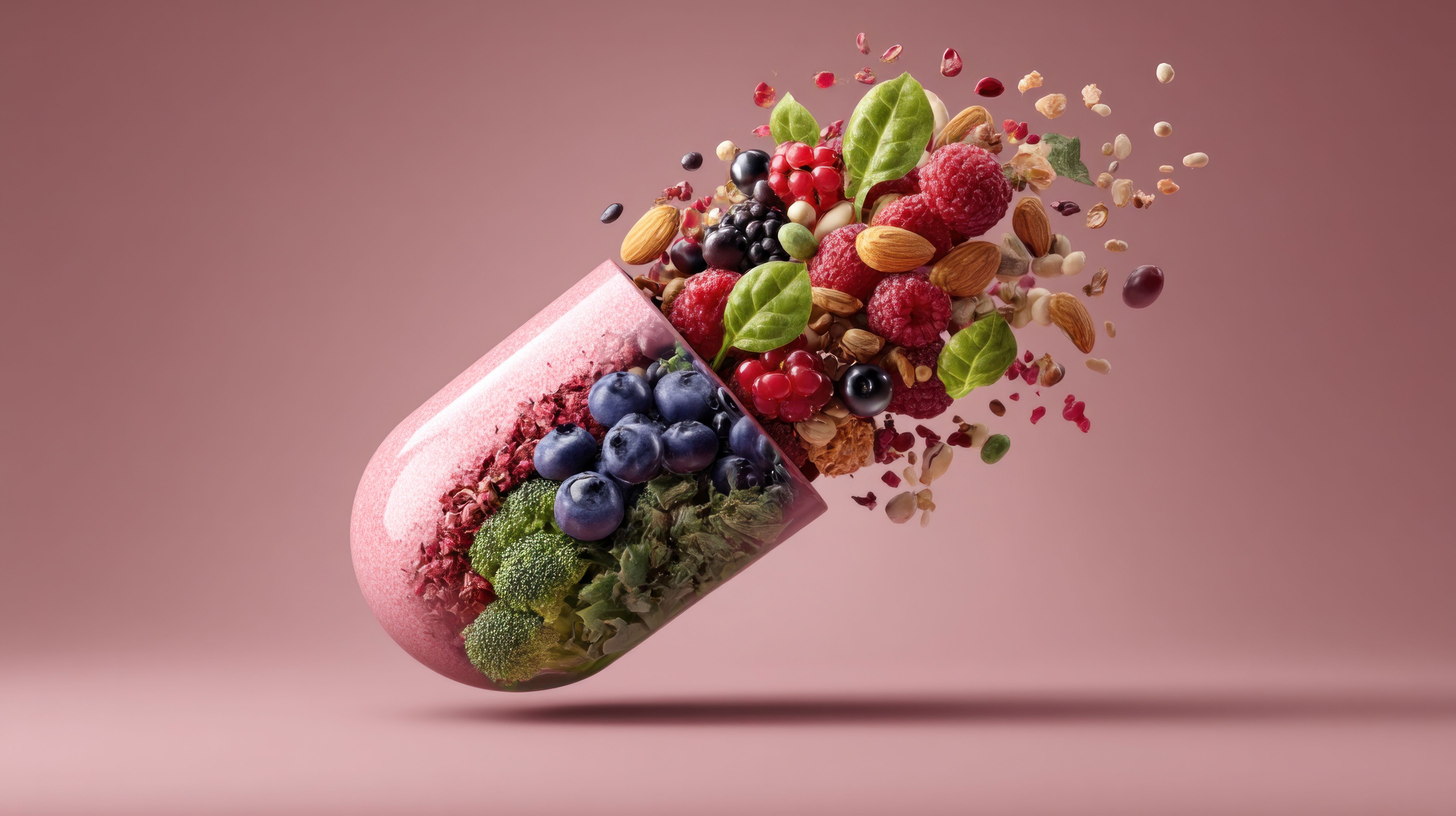 Large nutrient pill split open with colorful food ingredients like berries, leafy greens, beans and almonds spilling out, health and wellness concept with soft lighting | Image Credit: Wararat | stock.adobe.com
