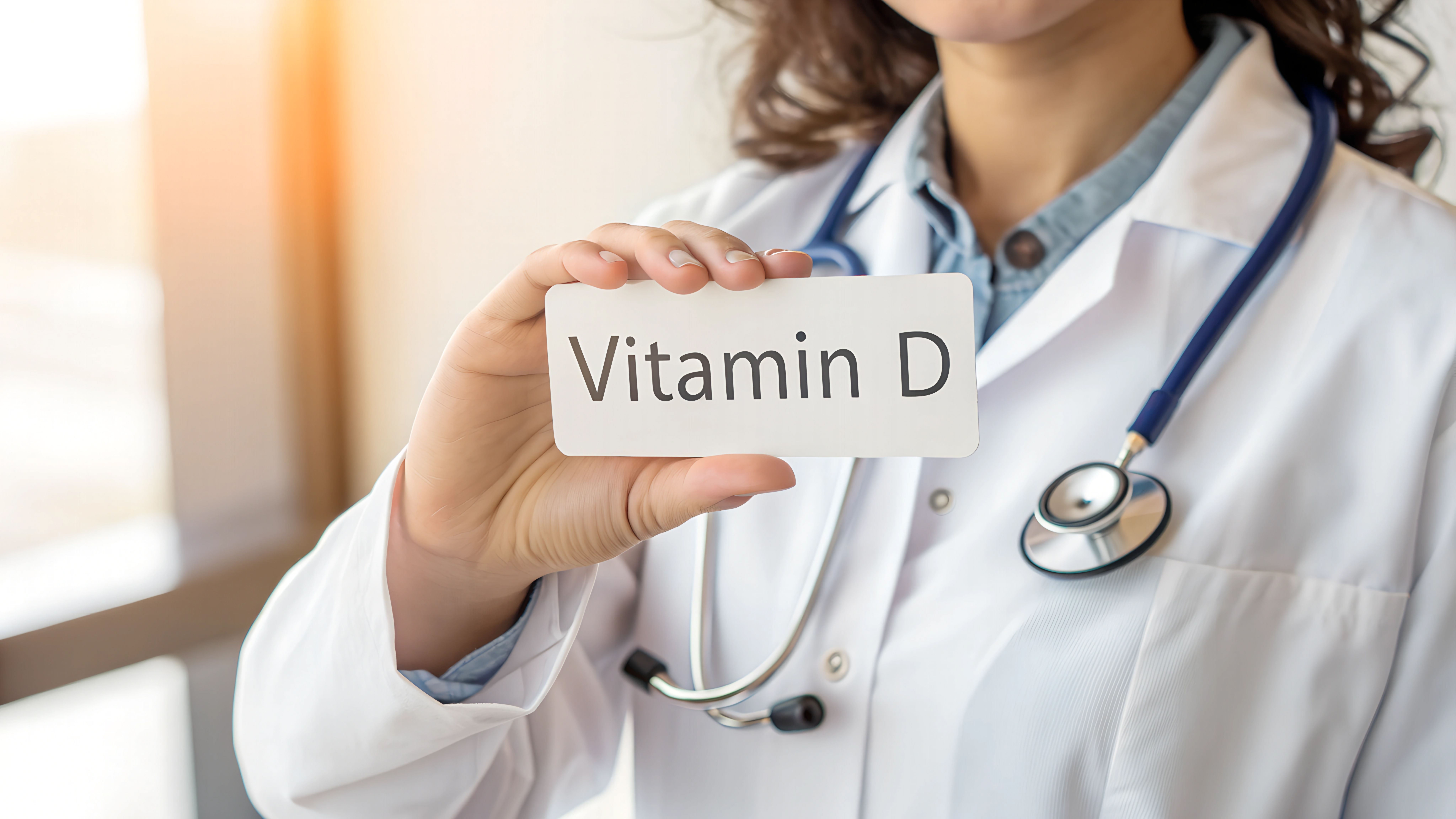 Doctor in white coat with stethoscope holds vitamin D sign in hand - close-up | Image Credit: Petr Babkin | stock.adobe.com Doctor in white coat with stethoscope holds vitamin D sign in hand - close-up | Image Credit: Petr Babkin | stock.adobe.com