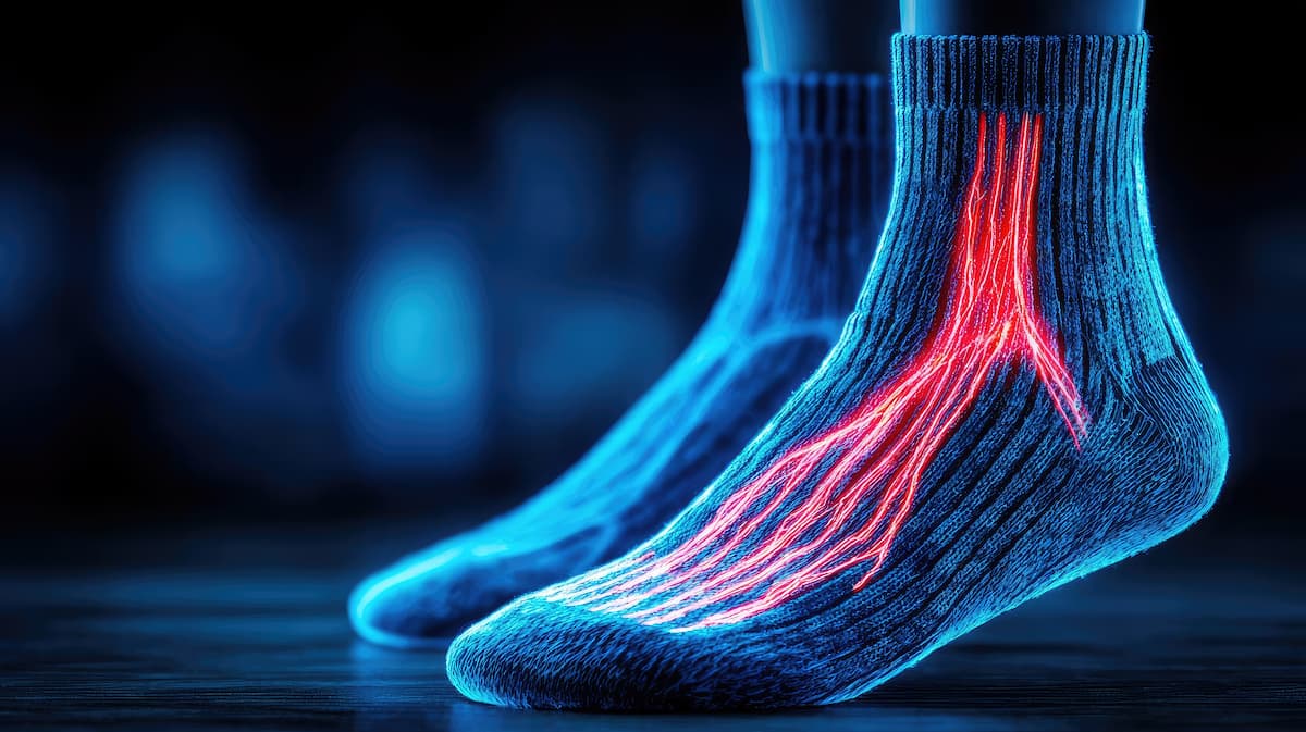 Compression socks with edema therapy concept. Futuristic socks with glowing patterns showcasing foot anatomy.