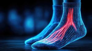 Compression socks with edema therapy concept. Futuristic socks with glowing patterns showcasing foot anatomy.