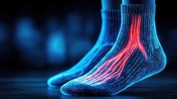 Compression socks with edema therapy concept. Futuristic socks with glowing patterns showcasing foot anatomy.