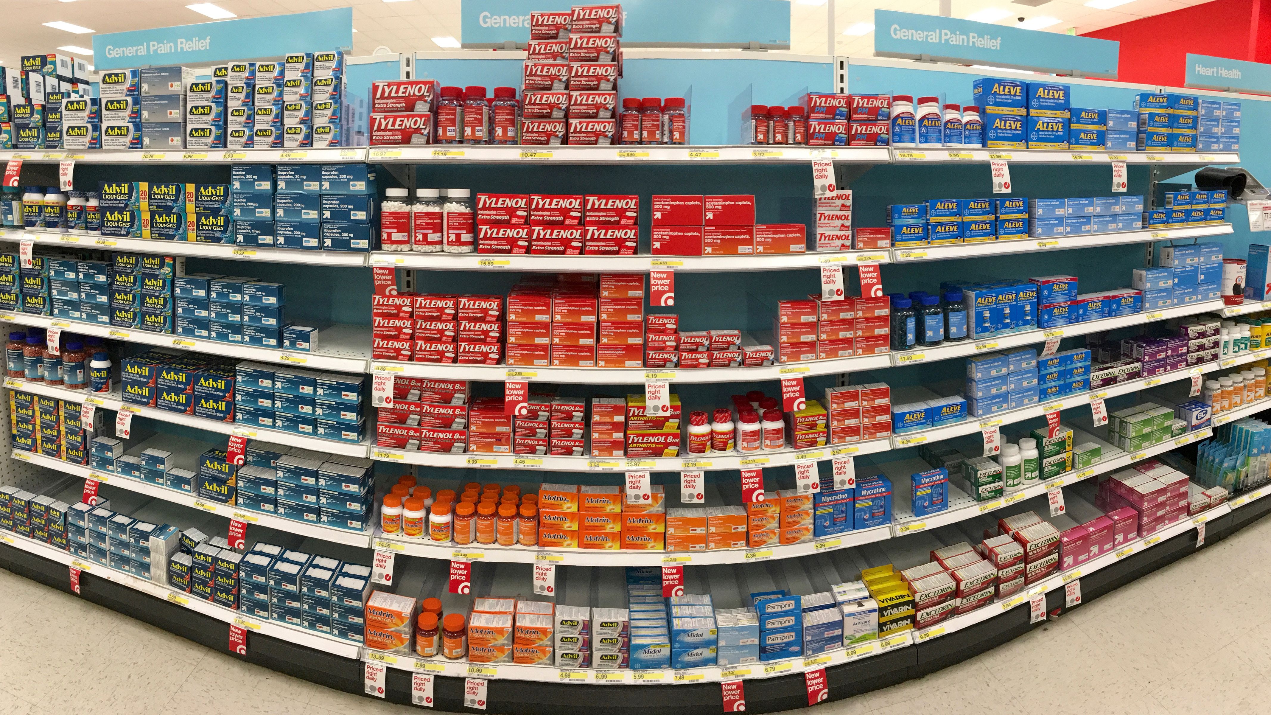 Store shelf with over the counter (OTC) pain relief products. The most common types of OTC pain medicines are acetaminophen and nonsteroidal anti-inflammatory - Image credit: sheilaf2002 | stock.adobe.com