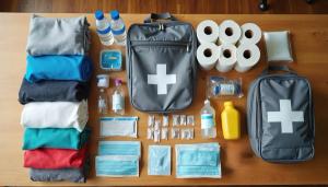 Emergency go bag with first aid kit, survival essentials organized on table. Backpack contents for disaster evacuation include water, medicine, masks, food, clothes. Prepper safety equipment prepared | Image Credit: Viktor | stock.adobe.com