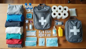 Emergency go bag with first aid kit, survival essentials organized on table. Backpack contents for disaster evacuation include water, medicine, masks, food, clothes. Prepper safety equipment prepared | Image Credit: Viktor | stock.adobe.com