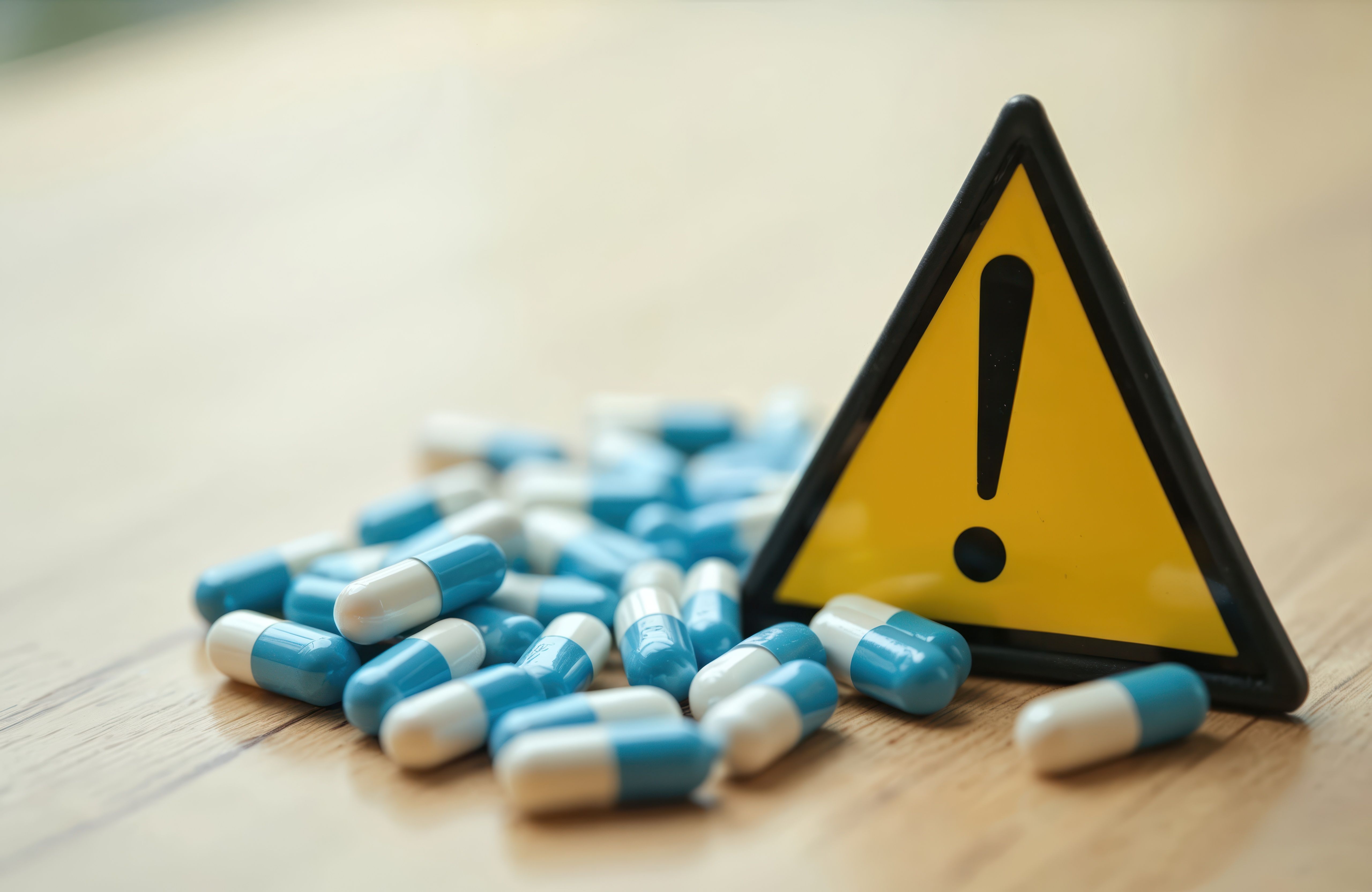 Warning sign surrounded by pills | Image Credit: © Vadym - stock.adobe.com