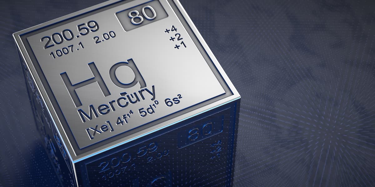 Mercury. Element 80 of the periodic table of chemical elements.