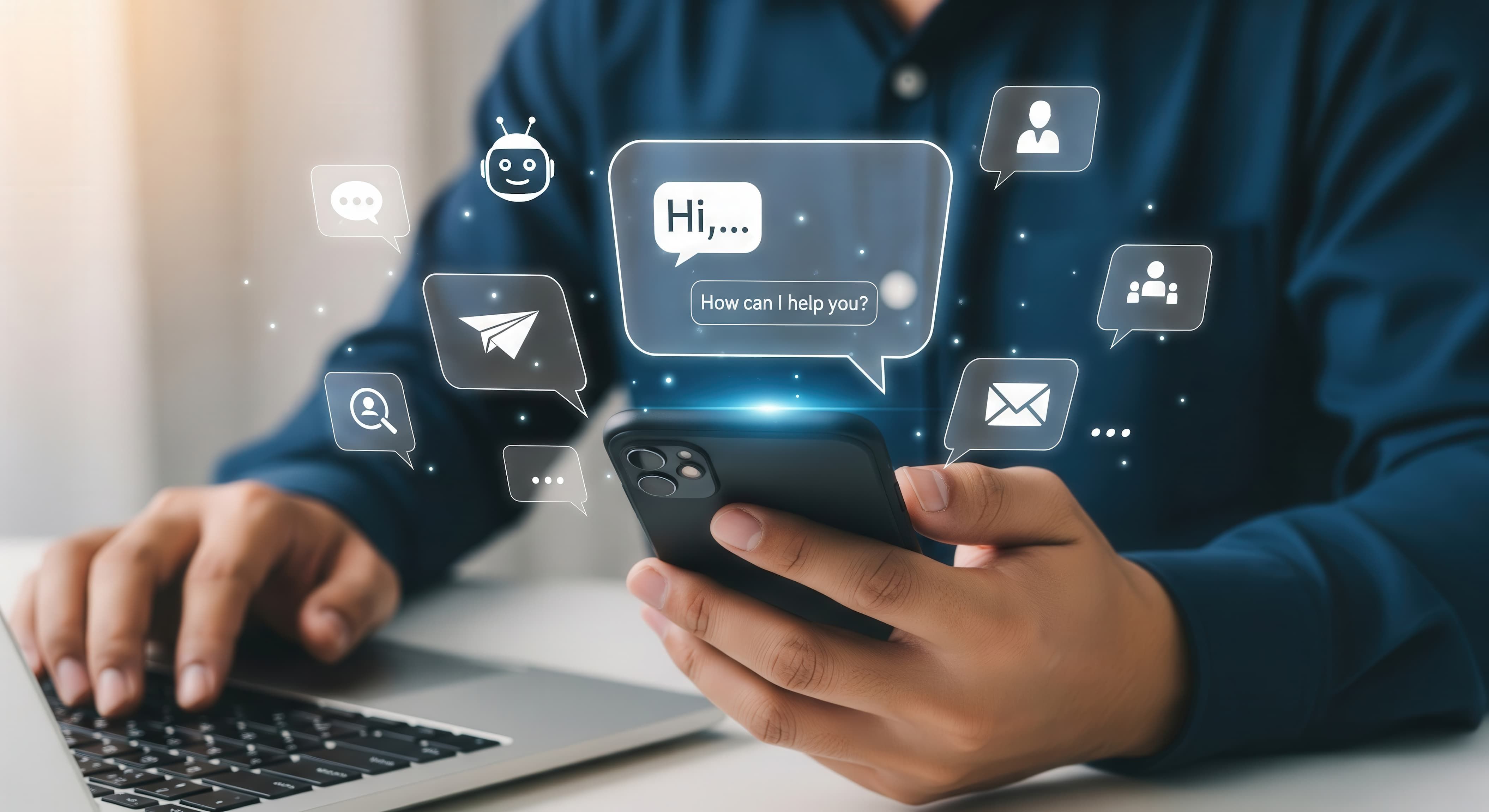Man holding a smartphone with chatbot interface while working on a laptop, representing AI communication and virtual customer service. Man holding a smartphone with chatbot interface while working on a laptop, representing AI communication and virtual customer service.