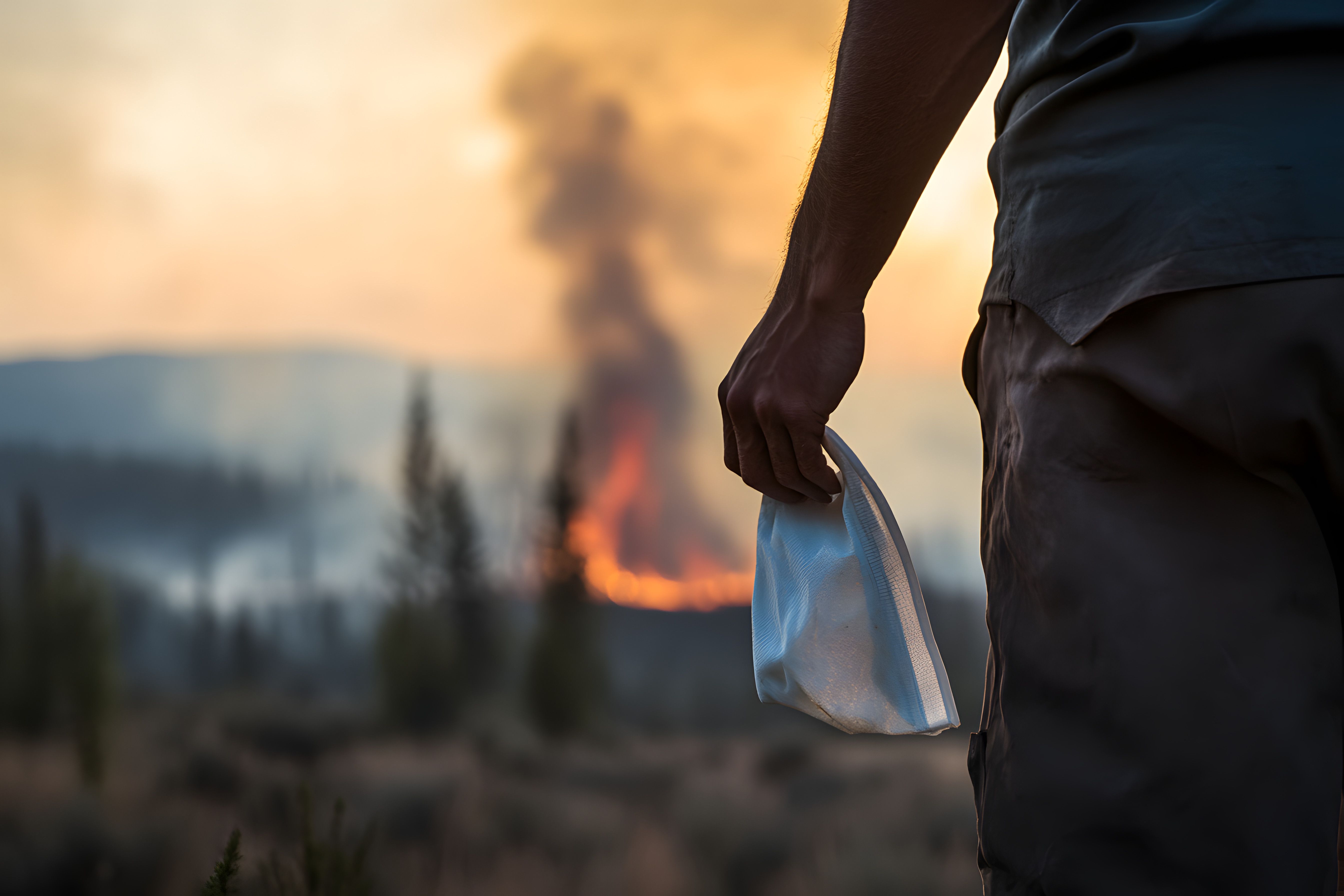 Man holding protective mask with wildfire in background | Image Credit: © kashiStock - stock.adobe.com