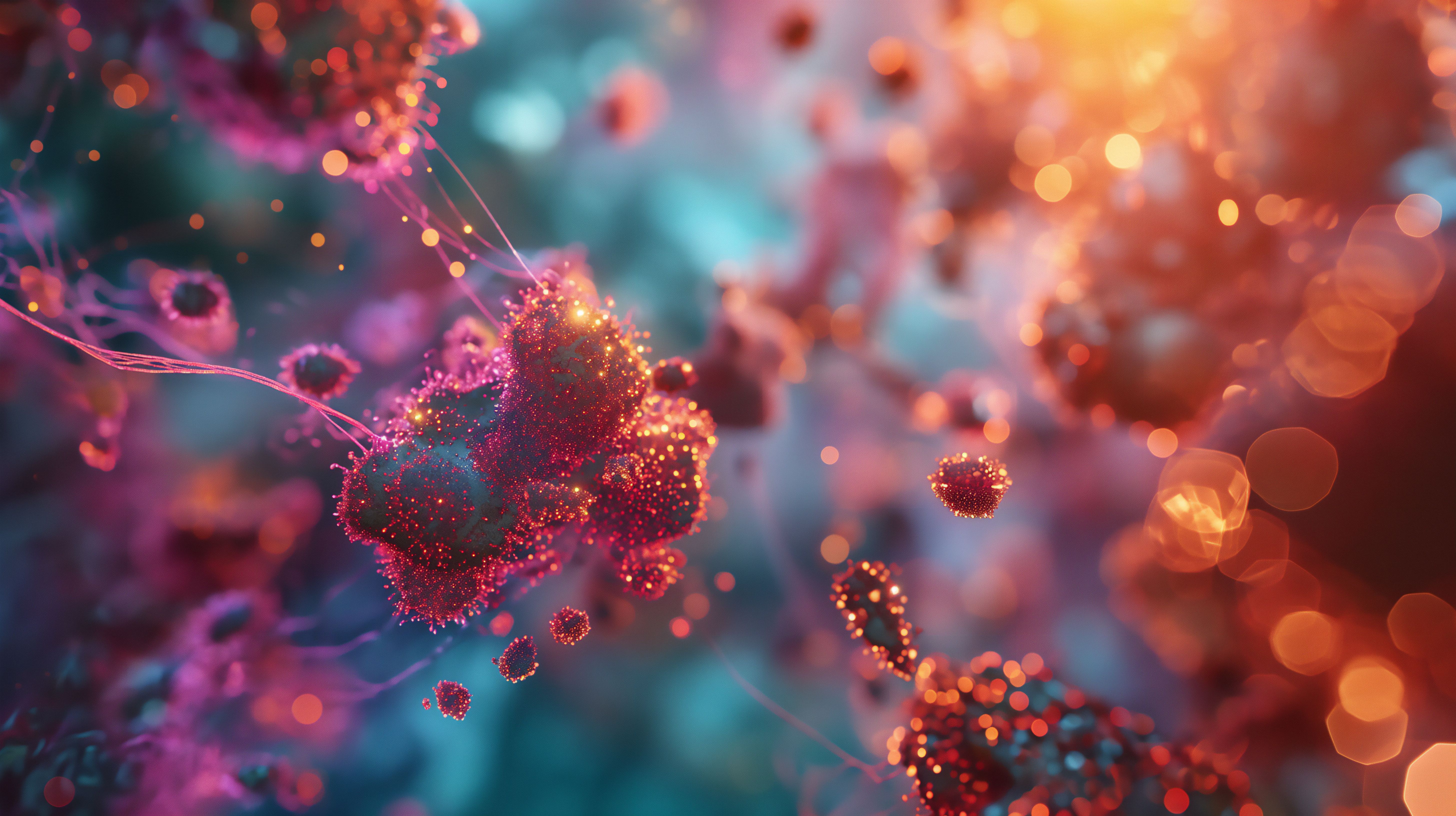 a vibrant microscopic view of malignant hematologic cells, their structure distorted and disorganized, while GFH009, represented by a glowing pathway | Image Caption: catalin | stock.adobe.com