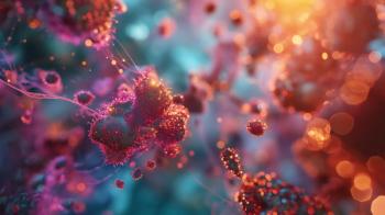 a vibrant microscopic view of malignant hematologic cells, their structure distorted and disorganized, while GFH009, represented by a glowing pathway | Image Caption: catalin | stock.adobe.com