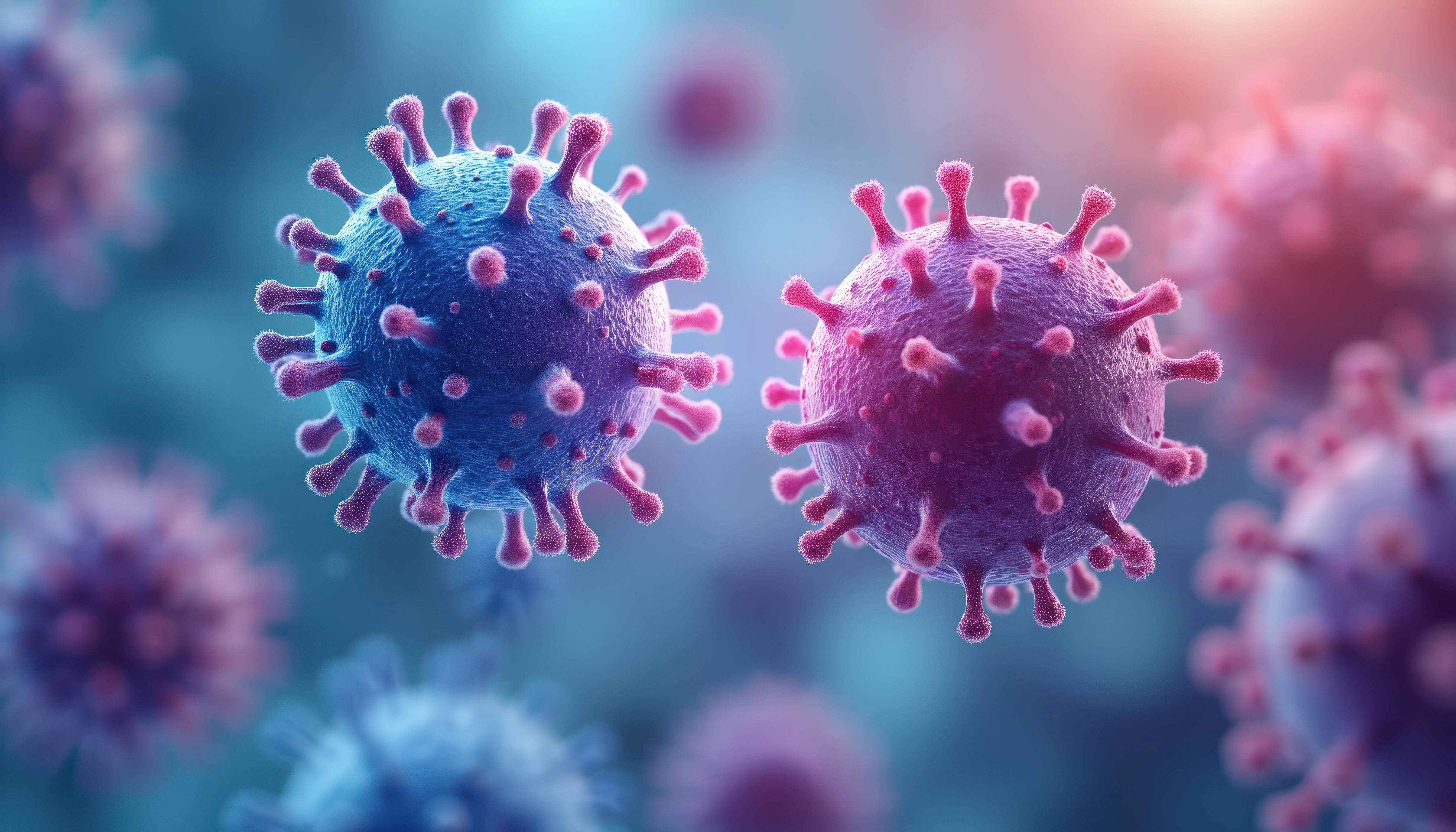 High-tech visualization of CAR T-cell therapy development in biotech lab. Microscopic view of virus-like cells in blue, pink hues. Represents advanced medical research, cell biology, fighting disease