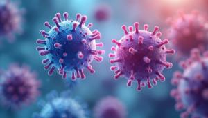 High-tech visualization of CAR T-cell therapy development in biotech lab. Microscopic view of virus-like cells in blue, pink hues. Represents advanced medical research, cell biology, fighting disease