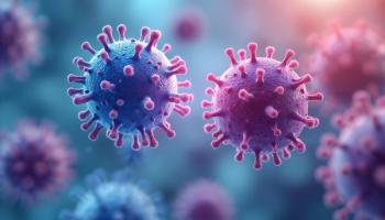 High-tech visualization of CAR T-cell therapy development in biotech lab. Microscopic view of virus-like cells in blue, pink hues. Represents advanced medical research, cell biology, fighting disease