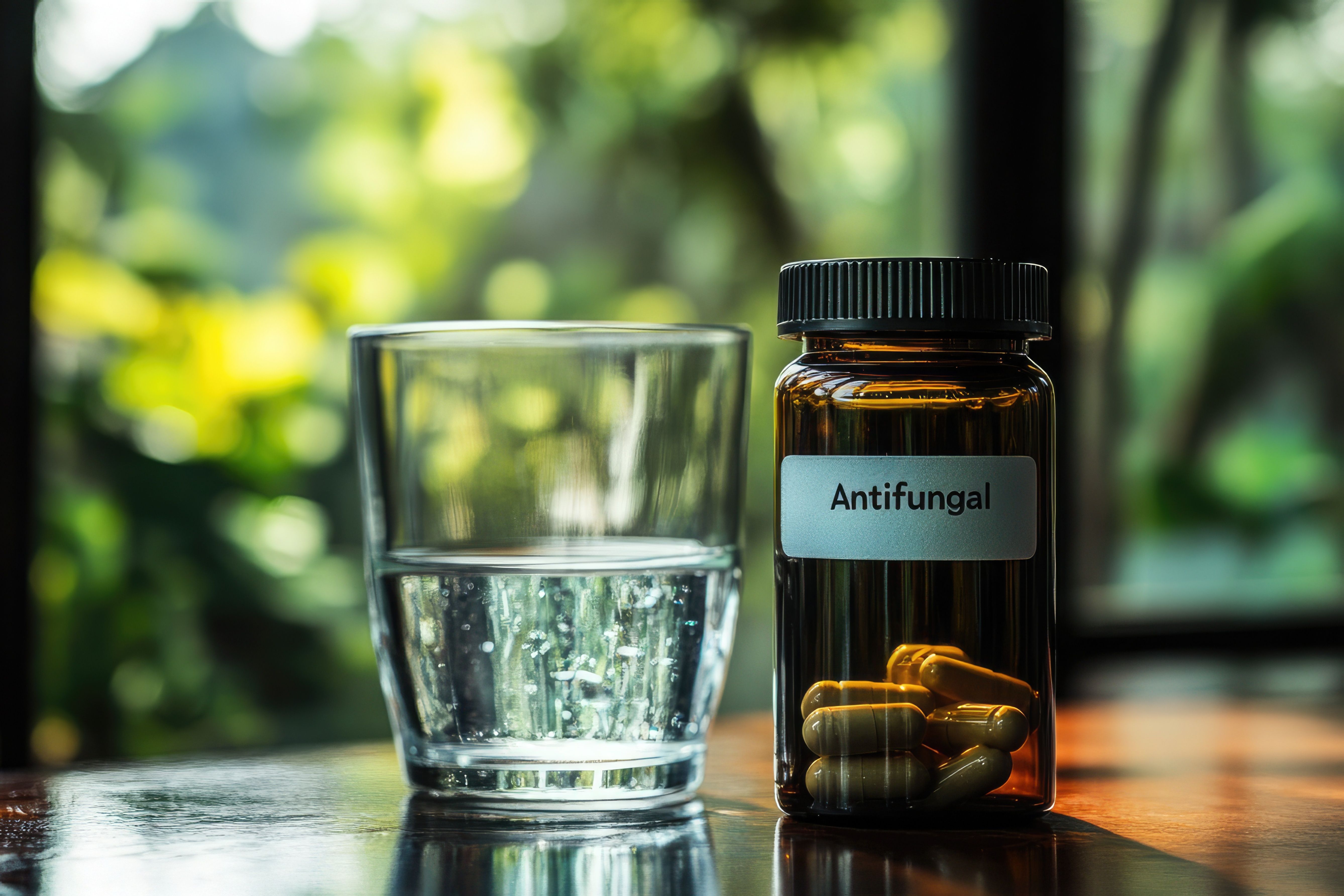 glass of water with antifungal pill bottle | Image Credit: Asen | stock.adobe.com