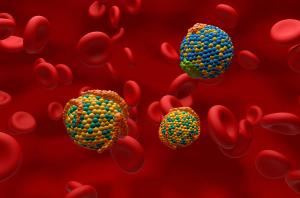 HDL (good) and LDL (Bad) lipoprotein (cholesterol) in the blood flow – Closeup view 3d illustration