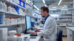 Pharmacist tracking medication inventory on computer -- Image credit: mikhailberkut | stock.adobe.com