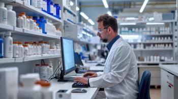 Pharmacist tracking medication inventory on computer -- Image credit: mikhailberkut | stock.adobe.com