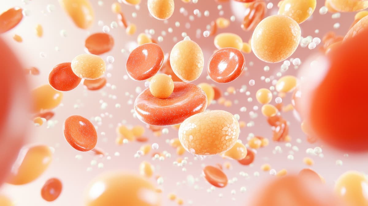 Abstract representation of cholesterol levels with colorful particles floating. This illustrates complexity of blood components and cholesterol