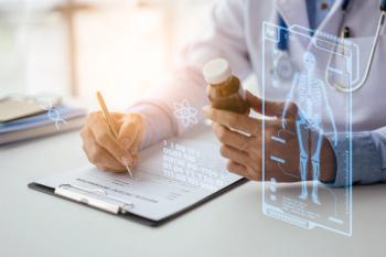 Close-up hands of doctor and patient in medical office with and futuristic technology effect screen - Image credit: aksonsat | stock.adobe.com