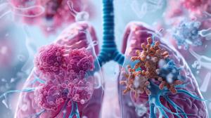 medical illustration, split screen anatomical comparison showing healthy functioning lung on left side with clear airways and normal tissue, versus lung cancer affected lung on right side | Image Credit: Anton | stock.adobe.com