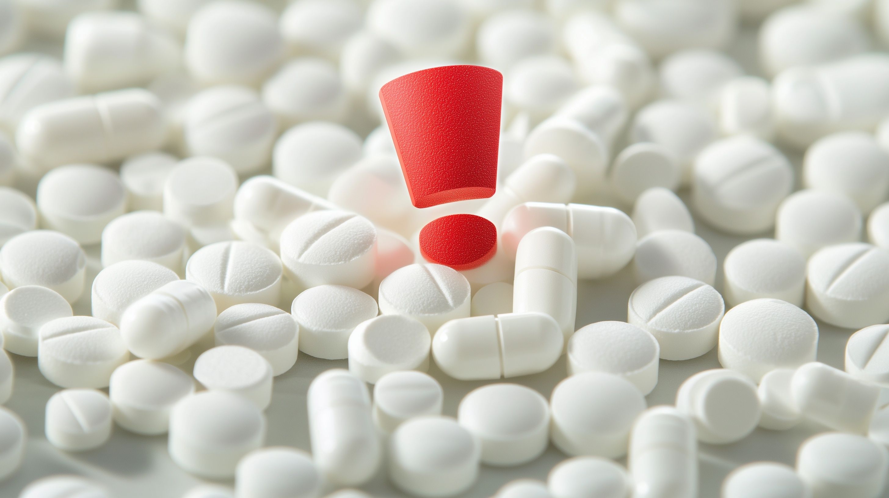 White pills with a red exclamation mark symbolize medication safety alert - Image credit: TensorSpark | stock.adobe.com