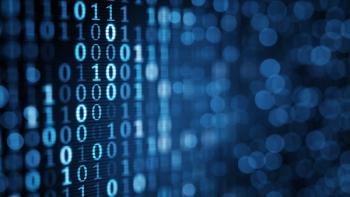 Blue digital binary data on computer screen.