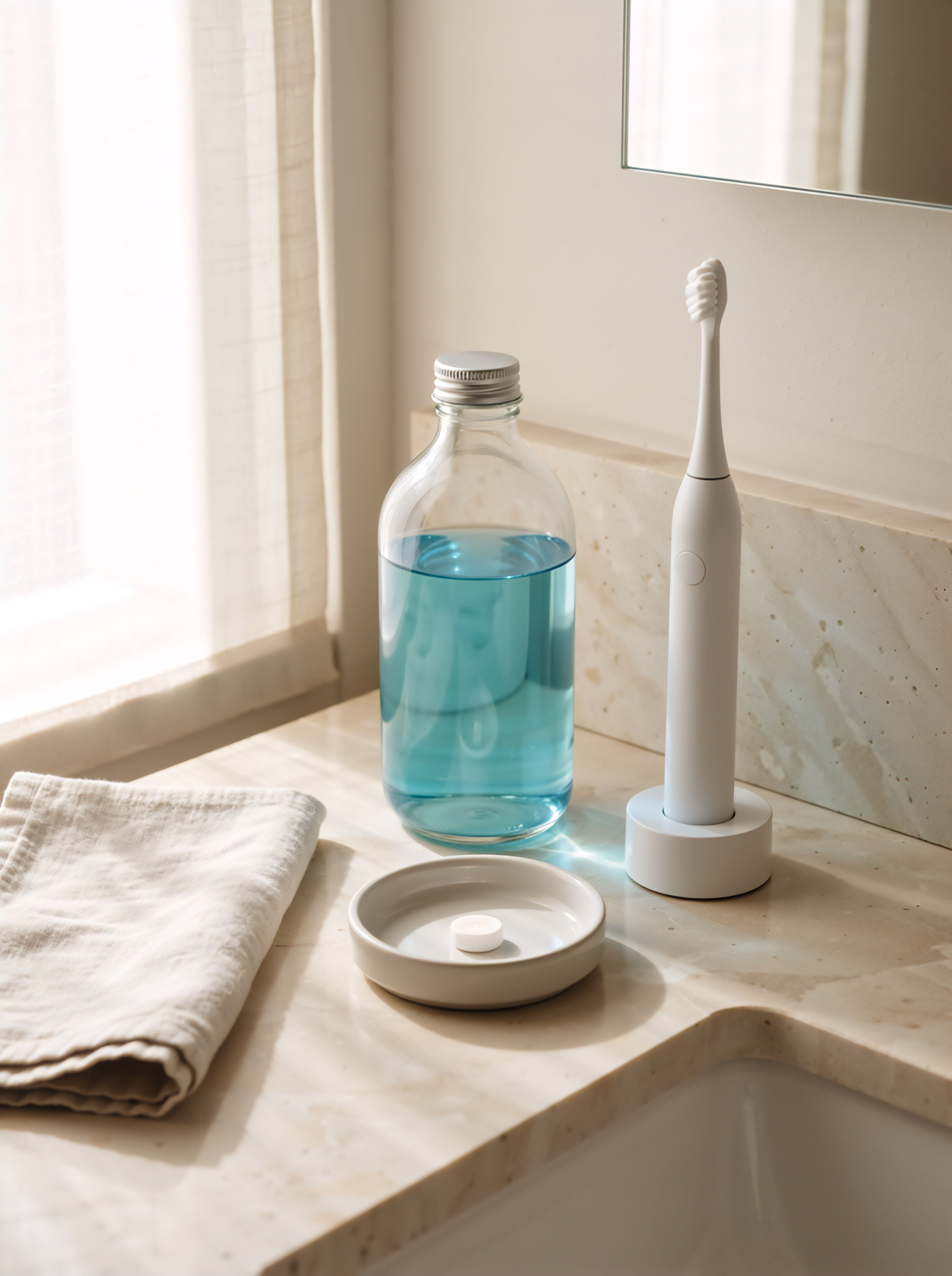 Minimalist dental care products on a modern bathroom counter. Electric toothbrush, mouthwash, and toothpaste tablet for a daily oral hygiene routine | Image Credit: ON - Studio | stock.adobe.com