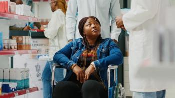 Woman talking to specialist about medicaments, giving bottle of pills and recommending vitamins.
